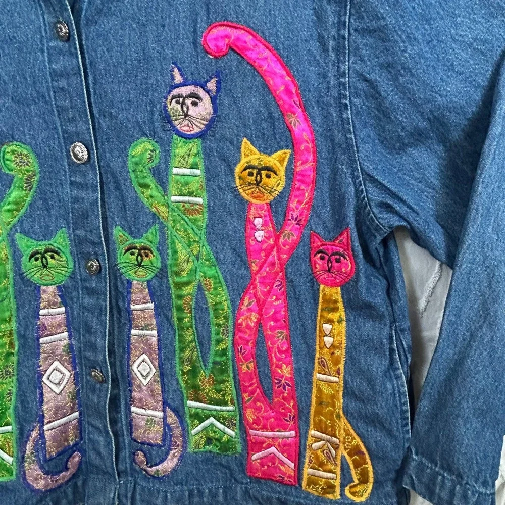 Vintage 90s Tantrums Petite Denim Jacket Women PL Embroidered Cat Art Whimsical